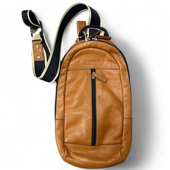 Coach Mens Heritage Web Leather Sling Bag Travel Backpack 70811 Brown Saddle - Picture 1 of 16